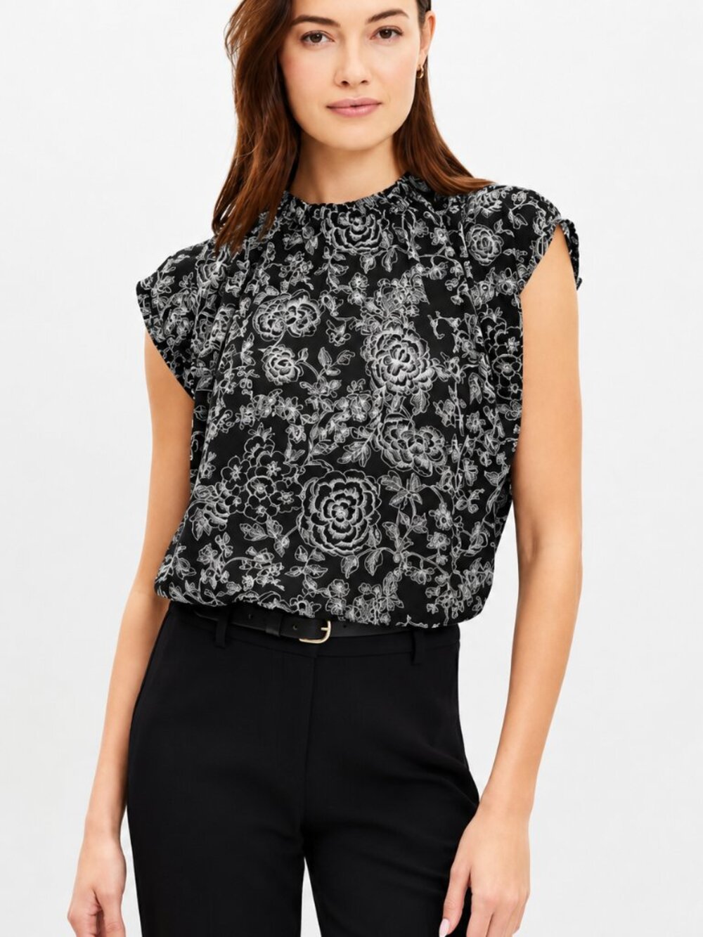 NWT LOFT Etched Floral Ruffle Neck Bubble Hem Shell Black LARGE